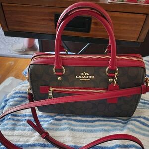 Coach Shoulder Bag; Classic Logo Print Trimmed in Red